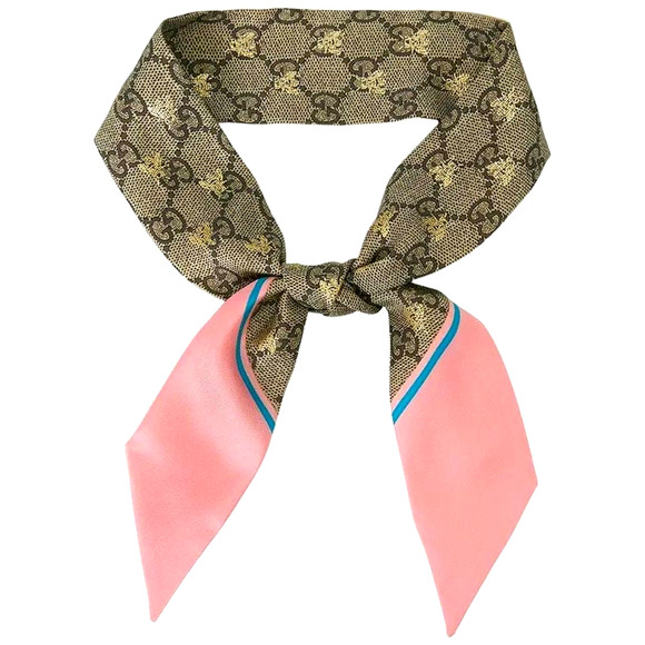 GUCCI GG Bees Motif Jacquard Silk Scarf Neck Bow Beige Pink New In Box - Picture 1 of 16